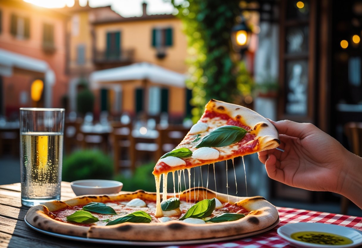 A person holding and about to eat a slice of traditional Italian pizza at an outdoor table with Italian buildings in the background.