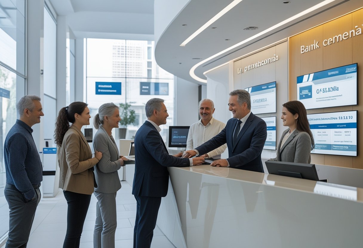 People interacting with a bank employee inside a modern Italian bank during the account opening process.